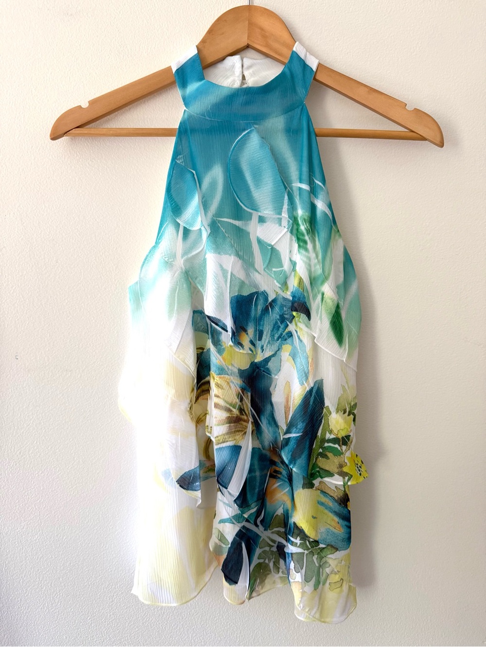 IZ Byer Y2K Tropical Lily Halter Top Blouse Teal Blue Yellow Mock Neck Size S - Picture 3 of 12